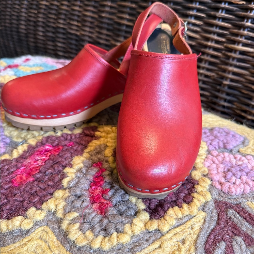 Swedish Hasbeens Red Leather Clogs